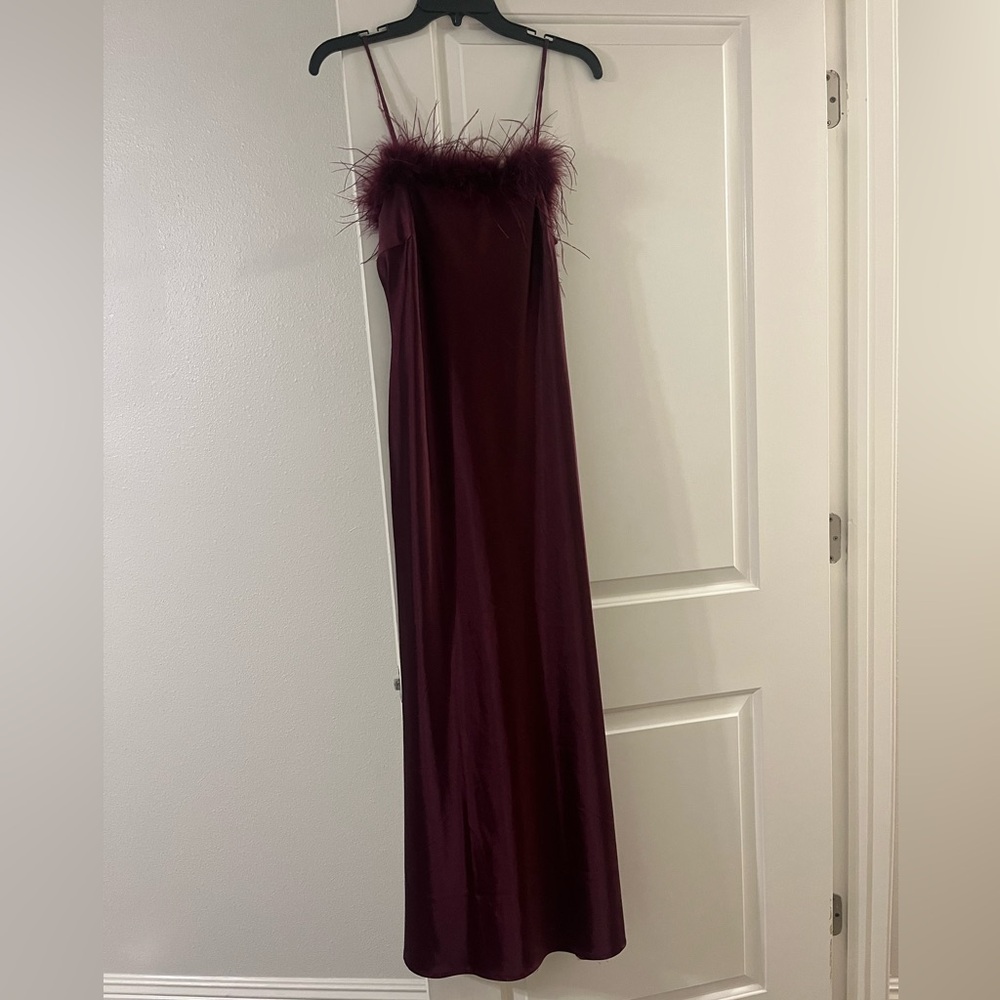 Elegant Burgundy Feather-Trim Dress